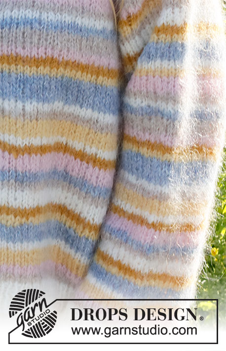 Pastel Spring / DROPS 231-7 - Pruhovaný pulovr pletený lícovým žerzejem zdola nahoru z příze DROPS Melody. Velikost: S - XXXL.