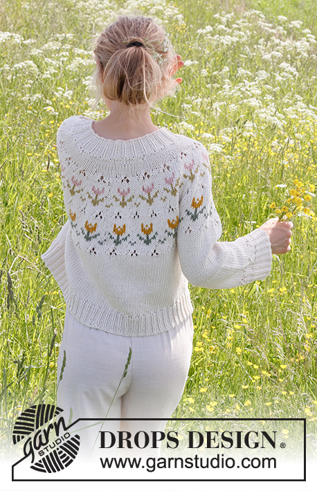 Spring Messenger / DROPS 232-2 - Knitted sweater in DROPS Paris. Piece is knitted top down with round yoke, lace pattern and Nordic pattern with tulips. Size: S - XXXL