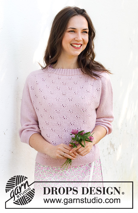 Pink Peony Sweater / DROPS 232-25 - Knitted jumper in DROPS Flora. Piece is knitted top down with saddle shoulders, lace pattern and ¾-length sleeves. Size: S - XXXL