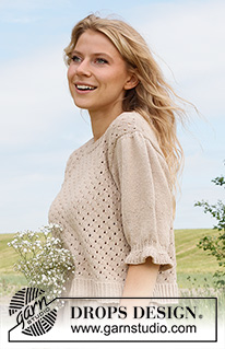 Charm Valley Top / DROPS 232-32 - Knitted sweater with short sleeves / t-shirt in DROPS Safran. Piece is knitted bottom up with lace pattern and short puffed sleeves. Size: S - XXXL