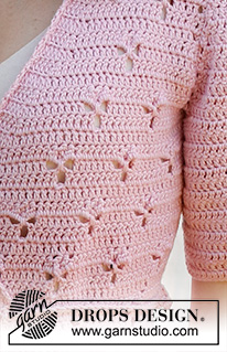 Hortense Wrap Cardigan / DROPS 232-35 - Crocheted wrap-around jacket in DROPS Cotton Merino. The piece is worked bottom up with lace pattern. Sizes S - XXXL.