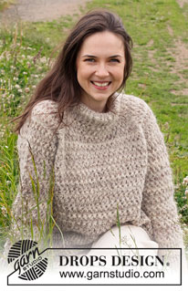 Luminous Sand / DROPS 232-37 - Knitted jumper in DROPS Fabel and DROPS Brushed Alpaca Silk. The piece is worked top down with raglan, double neck, lace pattern and split in the sides. Sizes S - XXXL.