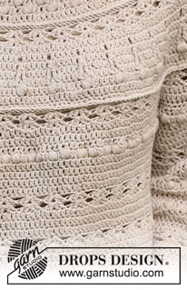 Sand Castle / DROPS 232-40 - Crocheted jumper in DROPS Cotton Light. The piece is worked top down, with round yoke, fan pattern and bobbles. Sizes S - XXXL.