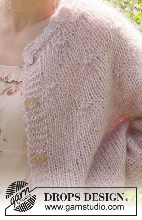Misty Rose Cardigan / DROPS 232-5 - Rozpinany sweter na drutach przerabiany od góry do dołu, z zaokrąglonym karczkiem i bufiastymi rękawami, 4 nitkami włóczki DROPS Kid-Silk. Od S do XXXL.
