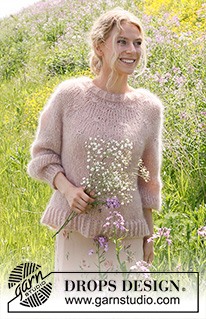 Misty Rose / DROPS 232-6 - Knitted jumper in 4 strands of DROPS Kid-Silk. The piece is worked top down, with round yoke and balloon sleeves. Sizes S - XXXL.