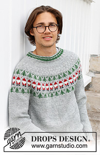 Christmas Time Sweater / DROPS 233-12 - Pánský pulovr s kruhovým sedlem s norským vzorem se skřítkem Santou a vánočním stromečkem pletený shora dolů z příze DROPS Karisma. Velikost S - XXXL. Motiv: Vánoce.