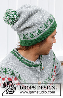 Christmas Time Hat / DROPS 233-14 - Knitted hat for men in DROPS Karisma. The piece is worked bottom up, with colored pattern of Christmas tree. Theme: Christmas.