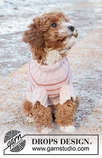Pink Stripes / DROPS 233-19 - Sweter dla psa na drutach, z włóczki DROPS Merino Extra Fine. Przerabiany od góry do dołu, w paski. Od XS do M.
