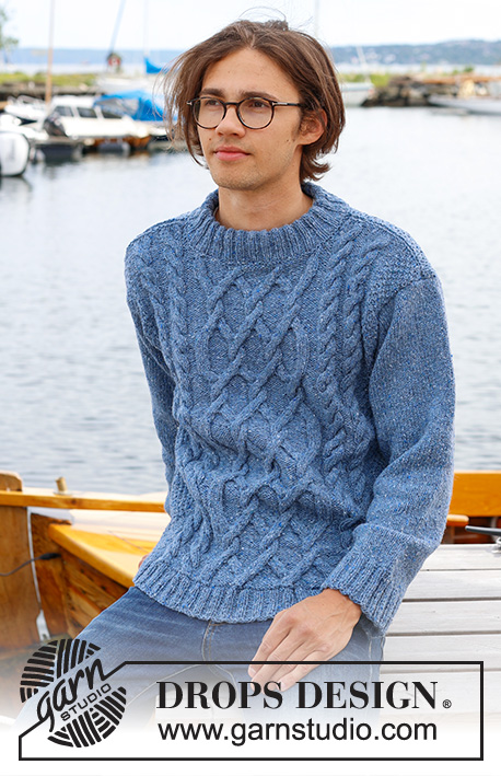 Sailor's Knots / DROPS 233-2 - Knitted jumper for men in DROPS Soft Tweed or DROPS Daisy. The piece is worked bottom up, with cables, double neck and sewn-in sleeves. Sizes S - XXXL