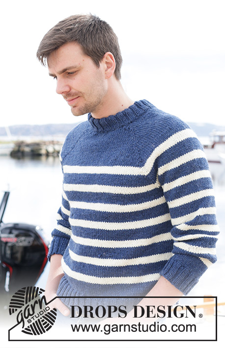 Meet the Captain / DROPS 233-22 - Knitted jumper for men in DROPS Alaska. The piece is worked top down with raglan, stripes and double neck. Sizes S - XXXL.