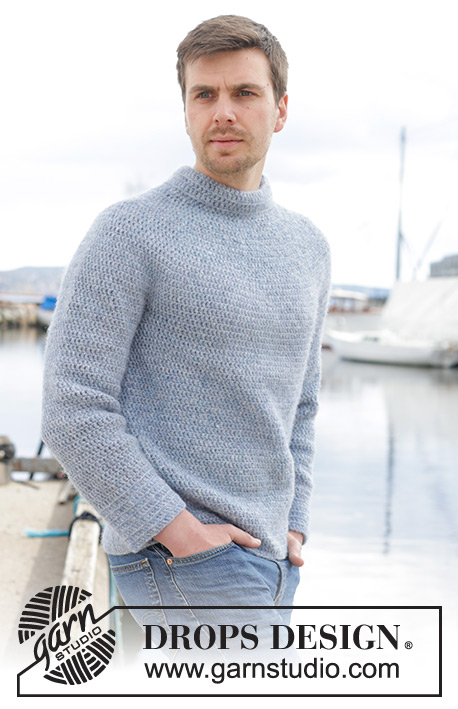 Keel Over / DROPS 233-25 - Crocheted sweater for men in DROPS Air. The piece is worked top down, with round yoke and double neck. Sizes S - XXXL.