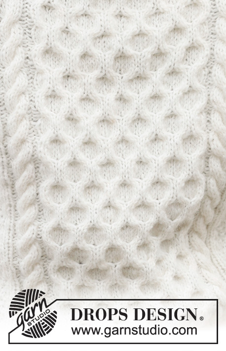 Cream Wafer / DROPS 233-5 - Pull tricoté de haut en bas pour homme en DROPS Air. Se tricote avec emmanchures raglan, col doublé, torsades et point de blé. Du S au XXXL.