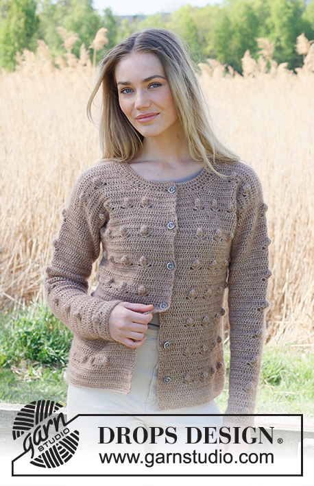 Coconut Grove Cardigan / DROPS 235-16 - Crocheted jacket in DROPS Alpaca and DROPS Kid-Silk. The piece is worked bottom up, with bobble-pattern. Sizes XS - XXL.