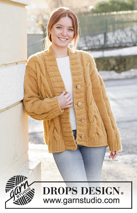 Golden Hour Cardigan / DROPS 235-22 - Knitted jacket in 1 strand DROPS Wish or 2 strands DROPS Air. The piece is worked bottom up with cables, V-neck and split in the sides. Sizes S - XXXL.