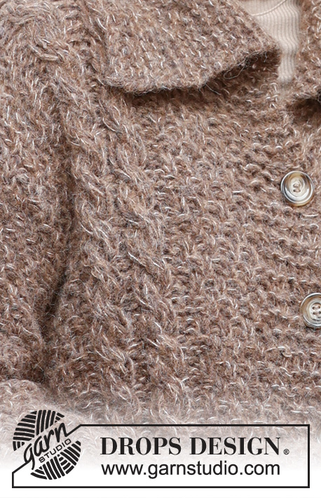 Chestnut Street Cardigan / DROPS 235-25 - Knitted jacket in DROPS Air and DROPS Brushed Alpaca Silk. The piece is worked bottom up with cables, double moss stitch and collar. Sizes XS - XXL.