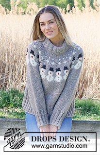 Snowman Time Sweater / DROPS 235-38 - Knitted jumper in DROPS Wish. Piece is knitted top down with double neck edge, round yoke and multi-coloured pattern with snowmen. Size: S - XXXL