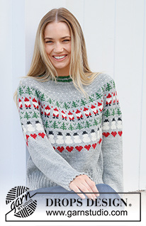 Christmas Time Sweater / DROPS 235-39 - Knitted jumper in DROPS Karisma. The piece is worked top down, with round yoke and coloured pattern of Santa, Christmas tree, snowman and heart. Sizes S - XXXL. Theme: Christmas.