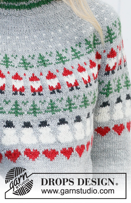 Christmas Time Sweater / DROPS 235-39 - Knitted jumper in DROPS Karisma. The piece is worked top down, with round yoke and coloured pattern of Santa, Christmas tree, snowman and heart. Sizes S - XXXL. Theme: Christmas.