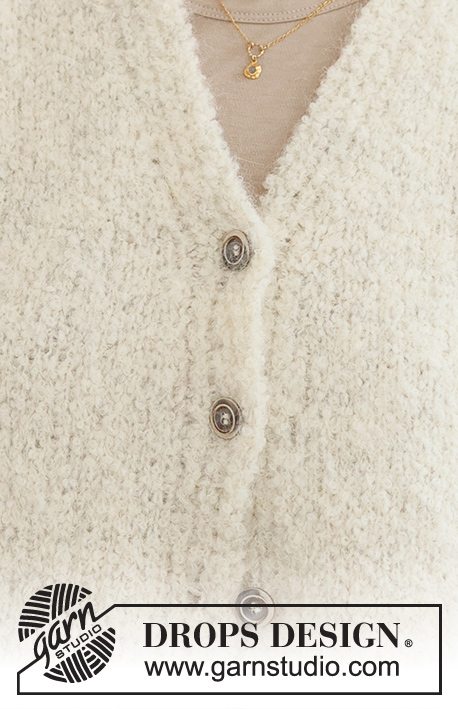 Snuggly Hug / DROPS 237-28 - Knitted jacket in DROPS Alpaca Bouclé and DROPS Kid-Silk. Piece is knitted bottom up in stocking stitch with vents in the sides, V-neck and edges in rib. Size XS – XXL.