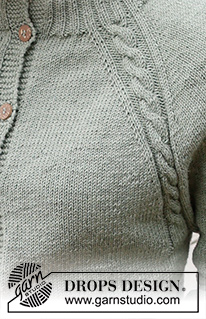Sage Twist Cardigan / DROPS 237-32 - Rozpinany sweter na drutach, przerabiany od góry do dołu, z reglanowymi rękawami, podwójnym wykończeniem dekoltu i warkoczami, z włóczki DROPS BabyMerino. Od S do XXXL.