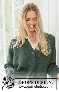 Conversation Starter / DROPS 237-4 - Knitted jacket in DROPS Nepal and DROPS Kid-Silk. Piece is knitted bottom up in stockinette stitch, lace pattern and double knitted band. Size: S - XXXL