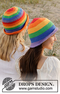 Double Rainbow Hat / DROPS 238-20 - Gehaakte hoed in DROPS Paris. Het werk wordt in de rondte gehaakt, van boven naar beneden, met regenboogstrepen. Maten S - XL.