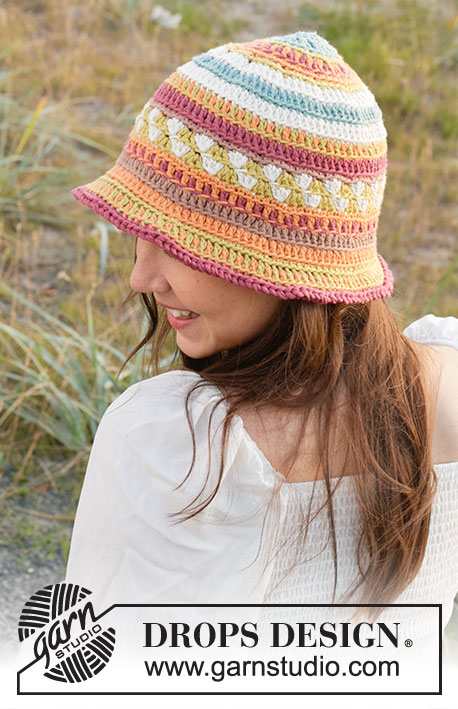 Painted Canyon Hat / DROPS 238-22 - Crocheted hat in DROPS Paris. The piece is worked top down, with colored pattern. Sizes S - XL.