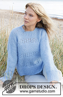 Ocean Melody / DROPS 239-10 - Sweter na drutach przerabiany od góry do dołu ściegiem ażurowym, z włóczki DROPS Melody. Od XS do XXL.