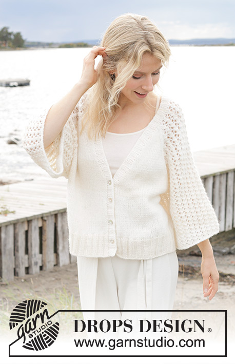 Morgenbris Cardigan / DROPS 239-11 - Knitted jacket in DROPS Air. The piece is worked top down with raglan, V-neck and lace pattern on the sleeves. Sizes S - XXXL.