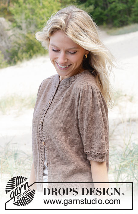 Sherwood Smiles Cardigan / DROPS 239-15 - Knitted jacket with short sleeves in DROPS Safran. Piece is knitted top down with double neck edge, saddle shoulder increase, stocking stitch and short puffed sleeves. Size: S - XXXL