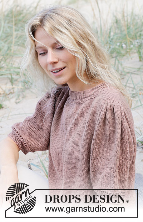 Sherwood Smiles / DROPS 239-16 - Knitted sweater with short sleeves in DROPS Safran. Piece is knitted top down with double neck edge, saddle shoulder increase, stockinette stitch and short puffed sleeves. Size: S - XXXL