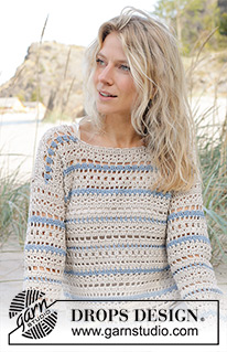 Jewels Tide Sweater / DROPS 239-22 - Crocheted jumper in DROPS Muskat. The piece is worked top down with lace pattern, stripes and split in sides. Sizes S – XXXL.