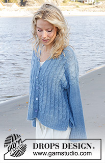Bluebell Twist Cardigan / DROPS 239-23 - Knitted oversized jacket in DROPS Nord and DROPS Kid-Silk. Piece is knitted bottom up with cables, vents in the side, diagonal shoulder and V-neck. Size XS – XXL.