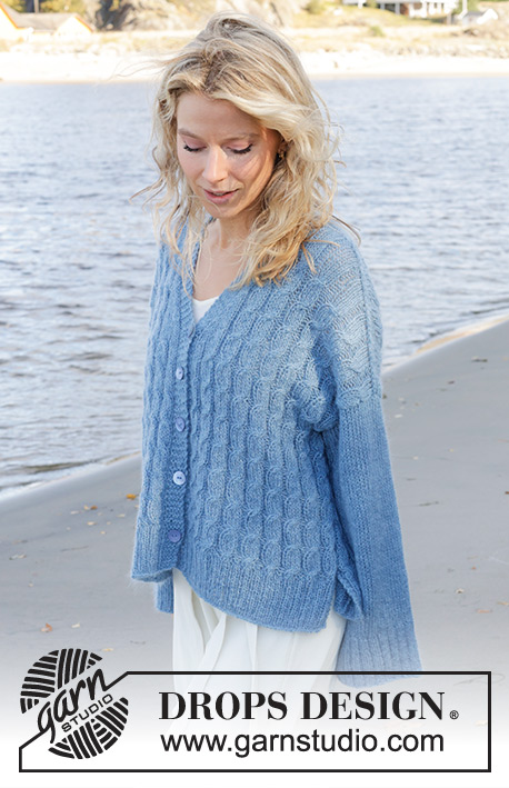 Bluebell Twist Cardigan / DROPS 239-23 - Knitted oversized jacket in DROPS Nord and DROPS Kid-Silk. Piece is knitted bottom up with cables, vents in the side, diagonal shoulder and V-neck. Size XS – XXL.