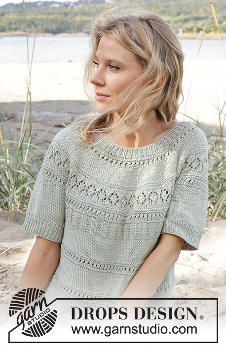 Green Grove Tee / DROPS 239-26 - Knitted jumper with short sleeves in DROPS Muskat or DROPS Cotton Merino. Piece is knitted top down with round yoke and lace pattern. Size: S - XXXL