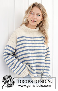 Sailor Stripes / DROPS 239-39 - Knitted jumper in DROPS Soft Tweed eller DROPS Daisy. The piece is worked top down with diagonal/European shoulders, stripes and high neck. Sizes S - XXXL.