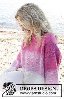 Pink Infusion / DROPS 240-1 - Sweter na drutach, przerabiany od góry do dołu, ze skosami ramion / ramionami europejskimi i w paski, 4 nitkami włóczki DROPS Kid-Silk. Od XS do XXL.