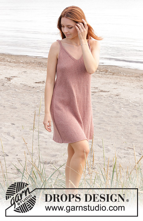 Rose Whisper / DROPS 240-12 - Knitted dress in DROPS Belle. Piece is knitted top down in stocking stitch with V-neck and straps. Size XS – XXL.