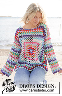 Squared Rainbow / DROPS 240-18 - Crocheted jumper in DROPS Paris. The piece is worked from the middle outwards with squares, stripes and split in sides. Sizes S - XXXL.