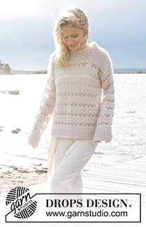 Wave Breaker / DROPS 240-2 - Crocheted sweater in DROPS Flora and DROPS Kid-Silk. The piece is worked bottom up with lace pattern. Sizes S - XXXL