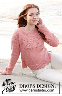 Blushing Rose Sweater / DROPS 240-22 - Strikket bluse i DROPS Sky. Arbejdet strikkes oppefra og ned med rundt bærestykke, hulmønster og slids i siden. Størrelse S - XXXL.