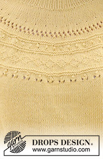 Sun Dream Tee / DROPS 240-24 - Sweterek na drutach, przerabiany od góry do dołu, z zaokrąglonym karczkiem strukturalnym ściegiem fantazyjnym i krótkim rękawem, z włóczki DROPS Safran. Od S do XXXL.