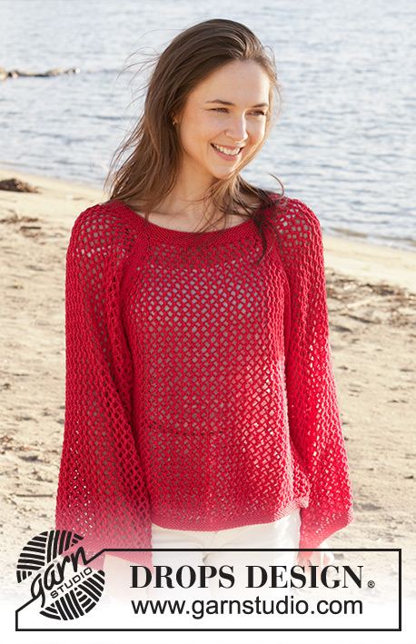 Red Mistery / DROPS 240-26 - Knitted jumper in DROPS Cotton Light. Piece is knitted top down with raglan, lace pattern and vents in the sides. Size XS – XXL.
