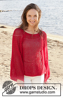 Red Mistery / DROPS 240-26 - Knitted jumper in DROPS Cotton Light. Piece is knitted top down with raglan, lace pattern and vents in the sides. Size XS – XXL.