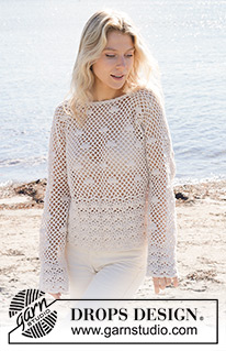 Shell Seeker Sweater / DROPS 240-3 - Crocheted sweater in DROPS Belle. The piece is worked bottom up with lace pattern and bobbles. Sizes S - XXXL.