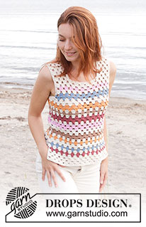 Beach Glass Top / DROPS 240-9 - Crocheted top in DROPS Paris. Piece is crocheted from bottom up with stripes and vents in the sides. Size XS – XXL.