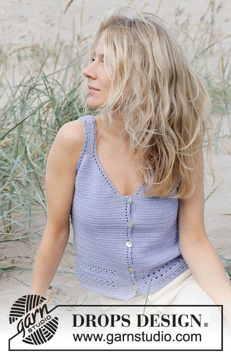 Scent of Lilac Vest / DROPS 241-28 - Crocheted top in DROPS Safran. The piece is worked top down with lace pattern. Sizes S - XXXL.
