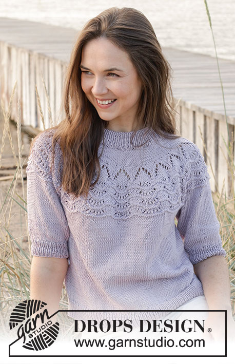 Hope Bay Top / DROPS 241-32 - Knitted short-sleeved jumper in DROPS Muskat. The piece is worked top down with double neck and wave-pattern on a round yoke. Sizes S - XXXL.