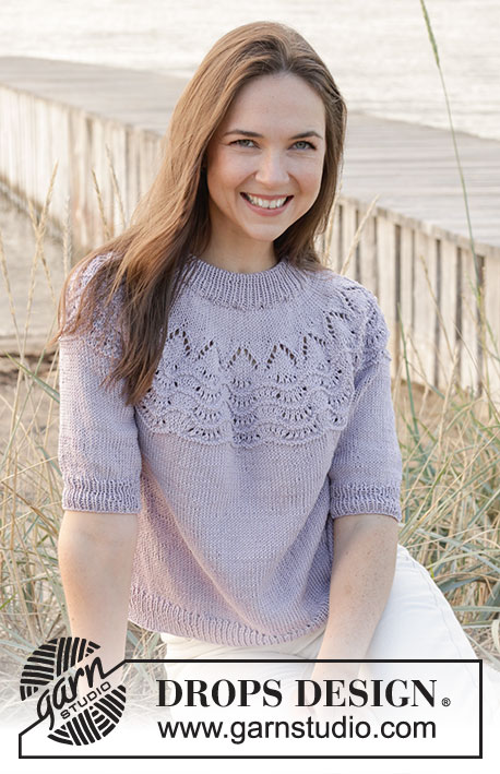 Hope Bay Top / DROPS 241-32 - Knitted short-sleeved sweater in DROPS Muskat. The piece is worked top down with double neck and wave-pattern on a round yoke. Sizes S - XXXL.