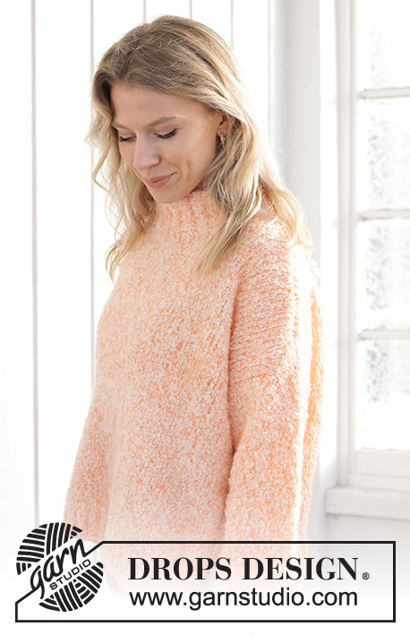 Peach Blossom Sweater / DROPS 241-33 - Knitted jumper in DROPS Alpaca Bouclé and DROPS Kid-Silk. The piece is worked bottom up with stocking stitch and split in sides. Sizes XS - XXL.